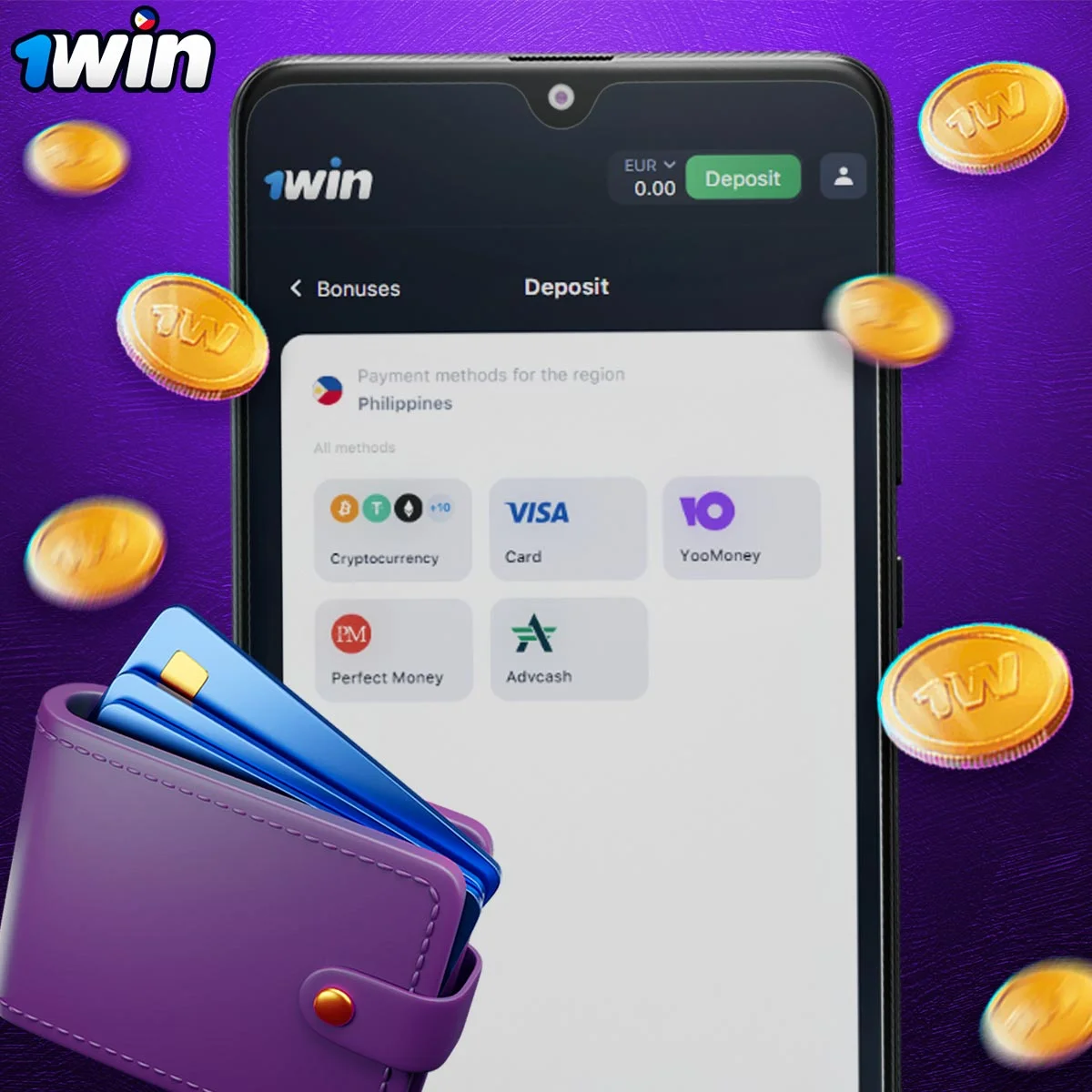 Instructions on how to deposit funds via the 1Win app