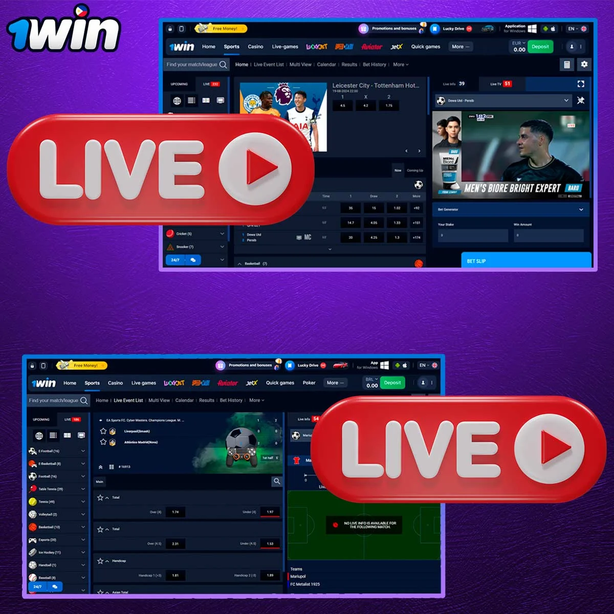 Live betting information on 1Win